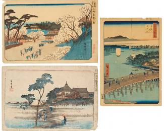 1235
Utagawa Hiroshige (1797-1858)
Three works:

"Gohyaku Rakan Sazaido," from the "Toto Meisho" series, circa 1830s
From the edition of unknown size and date
With signature "Hiroshige gwa" and publisher mark "Sanoya Kihei (Kikakudo)" in the upper left image and right margin
Image: 8.75" H x 13.5" W; Sheet: 9.75" H x 14.625" W

"Ueno Toeizan no zu" from the "Toto meisho" series, circa 1832
From the edition of unknown size and date
With signature "Hiroshige gwa" and publisher mark "Kikakudo" in the lower right image and right margin
Image: 8.875" H x 13.625" W; Sheet: 10" H x 15" W

"Senju no Ohashi" No. 103 from the "Meisho Edo hyakkei" series, 1856
From the edition of unknown size and date
With signature "Hiroshige gwa" and censorship seal "aratame" and other Japanese inscriptions upper left and lower right image; Uoya Eikichi, pub.
Image: 13.875" H x 9" W; Sheet: 14.375" H x 10" W
Estimate: $200 - $300
