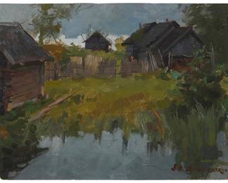 1035
Vladimir Alexandrovitch Danilyuk
(1919-2007)
Pondside cottage
Oil on canvas laid to board
Signed lower right: B A. Danilyuk; variously inscribed in Russian and written in ink, presumably in another hand, verso
13.625" H x 18.375" W
Estimate: $200 - $300
