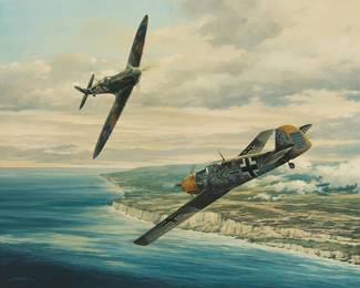 1013
Marii Chernev
(20th Century)
World War II dogfight, 2002
Oil on canvasboard
Signed and dated lower left: Marii Chernev 02
24" H x 30" W
Estimate: $600 - $800