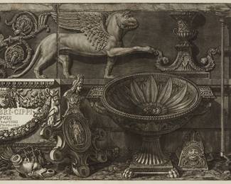 1199
Giovanni Battista Piranesi
(1720-1778)
Right-half of the title page for "Vasi Candelabri Cippi Sarcofagi Tripodi, Lucerne ed Ornamenti Antichi," 1778
Etching on paper
From the edition of unknown size and date
With a portion of the artist's name, title, and date etched in the plate
Plate: 19.25" H x 27.75" W; Sight: 19.75" H x 28.5" W
Estimate: $300 - $500