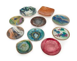 1450
A group of enameled metal art plates
20th century
Seven with initials from an unknown artist to underside
Each plate of various shape and size, comprising eight enameled on lead with floral, figural, abstract, or bird motifs, and two enameled on copper depicting musical instruments
10 pieces
Largest: 1.625" H x 9.625" W x 10.25" D; Smallest: 1" H x 6.375" W x 6.875" D
Estimate: $150 - $250