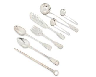 1342
A group of English sterling silver serving utensils
18th-early 20th century
Each with British hallmarks for sterling and various dates and makers
Comprising two stuffing spoons, two small ladles, a skewer, a soup ladle, a fish knife, and fish fork server
8 pieces
Largest: 13.625" L; Smallest: 7" L
35.1 oz. troy approximately
Estimate: $700 - $900