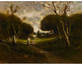 1054
Manuel Valencia
(1856-1935)
Landscape with two figures on a path
Oil on canvas
Signed lower left: M. Valencia
16" H x 24" W
Estimate: $300 - $500