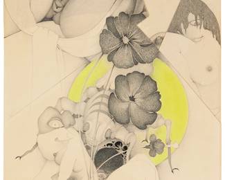 1194
Pierre Daboval
(1918-2015)
Erotic composition sketch, 1978
Graphite and colored pencil on various pieces of cut paper
Signed and dated in pencil lower right: Daboval. '78
Sheet: 19.75" H x 16" W
Estimate: $200 - $300
