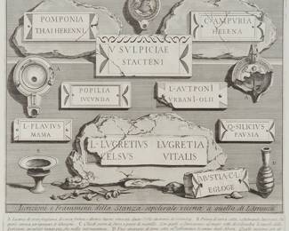 1203
Giovanni Battista Piranesi
(1720-1778)
"Iscrizioni e Frammenti della Stanza sepolcrale vicina a quella di L. Arrunzio," plate XVII from the second volume of "Le Antichità Romane," 1756-57
Etching and burin on paper
From the edition of unknown size and date, published between 1756 and 1784
Artist's name and inscription etched in the lower right corner of the text plate: Piranesi Architetto dis. ed inc.; with the title etched along the lower edge, and the volume and plate numbers etched in the upper left and right corners, all within the image plate
Image plate: 15.75" H x 19" W; Text plate: 2" H x 19.125" W; Sight: 18.625" H x 19.75" W
Estimate: $300 - $500