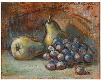 1179
Robert Rukavina
(1914-1977)
Still life of pears and grapes, 1959
Oil on canvasboard
Signed and dated upper right: Rukavina / 59
8" H x 10" W
Estimate: $100 - $200
