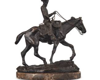 1095
After Charles Marion Russell
(1864-1926)
"Will Rogers," modeled 1926
Patinated bronze
Marked in the casting: C M Russell / [Buffalo skull cipher]
Overall: 11" H x 9.75" W x 5.625" D
Estimate: $200 - $400