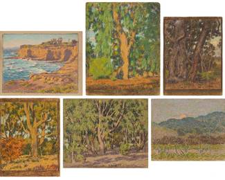 1070
Howard H. Koehl (1889-1967)
A group of six works featuring tree and ocean subjects
Five works with pastel on paper, and one on paperboard
Each unsigned; four works are variously dated "Oct. 1st 6.40 AM." / "May-22 6-7 PM" / Oct. 02 Nov. (2) / "Oct. First Part"; one work is inscribed "late autumn"
Smallest sheet: 8" H x 9.5" W; Largest sheet: 9.5" H x 12.5" W
Estimate: $600 - $800