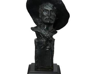 1091
After Frederic Remington
(1861-1909)
"The Sergeant," modeled 1904
Patinated bronze on composite plinth
Signed in the casting: Frederic Remington; further marked verso: Copyright by Frederic Remington; stamped to base verso: Roman Bronze Works NY
Bronze:10.5" H x 5.5" W x 4.25" D; Overall: 12.5" H x 5.5" W x 5" D
Estimate: $200 - $400