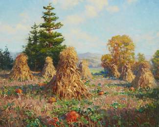 1051
Joseph Tomanek
(1879-1974)
"Pumpkin Patch"
Oil on canvas
Signed lower right: J. Tomanek; titled on a gallery label affixed to the frame's backing board
23.5" H x 28" W
Estimate: $600 - $800