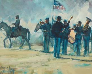 1085
Arch D. Shaw
(b. 1933)
"Study for Battle Hymn," 1990
Oil on canvas laid to panel
Signed lower left: A.D. Shaw; signed again, titled, and dated "10-90," all verso
12" H x 16" W
Estimate: $300 - $500