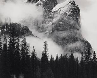 1259
Jeff Nixon
(1952-2022)
"Three Brothers, Winter Storm, Yosemite Valley"
Gelatin silver print on paper mounted to a mat board mount
Signed in pencil on the mount, at right; Jeff Nixon; titled and inscribed "AP" in ink, all in the blanks of the artist's black ink copyright stamp on the verso of the mat board mount
Image/Sheet: 19.25" H x 14.625" W; Mount: 28" H x 22" W
Estimate: $300 - $500