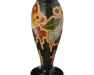 1432
An Ivora gouda painted pottery vase
Circa 1930s; The Netherlands
Marked to underside: 268 / Dec: 7 / Ivora / Gouda / Holland / P; with impressed chop mark and indecipherable numbers
The footed vase depicting floral motifs
9" H x 3.875" Dia.
Estimate: $100 - $150