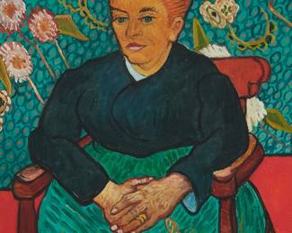 1146
Paul Saltarelli
(1955-2019)
"La Berceuse (1889)," after Vincent Van Gogh, 1998
Miniature oil on board
With the artist's signature, title, dates of the miniature and the original work, and inscribed in ink, partially effaced, all on the frame's backing paper: Paul Saltarelli / 1889 / -1998 / "after Vincent Van Gog"
3.25" H x 2.625" W
Estimate: $300 - $500