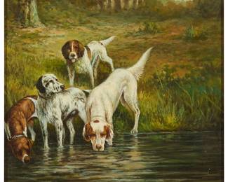 1188
After Percival Rousseau
(1859-1937)
Four hunting dogs drinking from a pond
Oil on Masonite
Signed lower right: C June. K.
10" H x 8" W
Estimate: $150 - $250