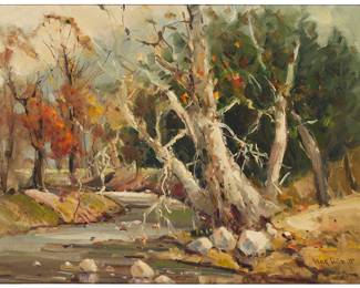 1068
Derk Smit
(1889-1985)
"October Day," 1971
Oil on canvas
Signed and dated lower right: Derk Smit 71; signed again on the stretcher bar; titled in pencil on a partial exhibition label affixed to the frame's verso
18" H x 24" W
Estimate: $300 - $500