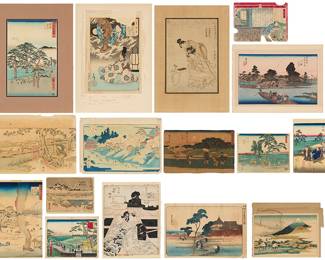 1226
A Study Collection of 16 Japanese Woodcuts by Various Artists
Various artists including by or After Utagawa Hiroshige (1797-1858), Katsushika Hokusai (1760-1849), Kitagawa Utamaro (1753-1806) and others
Woodcuts in colors on paper
From the editions of unknown size and date
With various condition issues; we are not able to provide further photographs or condition reports for this lot. Please view in person.
Estimate: $500 - $700