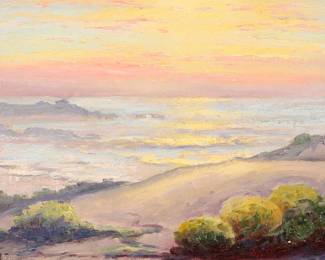 1007
Francis Harvey Cutting
(1872-1964)
"Beach Sunset"
Oil on canvas laid to board
Signed lower left: -FH Cutting-; titled in ink, in another hand, on a label affixed verso
7.5" H x 12" W
Estimate: $500 - $700