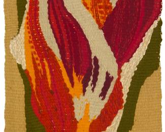 1485
A Modernist tapestry weaving
Mid/late 20th century
A small abstract textile panel woven in beige, cream, green, orange, and red wool and other yarn, stitch mounted to a fabric-covered wooden stretcher
Weaving: 12.5" H x 12.5" W; overall: 17" H x 17" W
Estimate: $50 - $100