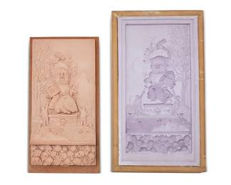 1465
Charles Bragg (1931-2017)
A cast resin plaque and silicone mold, late 20th century
Signed underside: Charles Bragg
Depicting a soldier figure with a rodent above a pile of skulls, the casting set on a wood backing, the mold similarly set in a wood form
2 pieces
Casting: 18" H x 9" W 2" D; Mold in wood form: 22" H x 12.5" W x 3.75" D
Estimate: $400 - $600