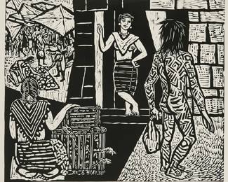 1217
Alfredo Zalce
(1908-2003)
"La Hija del rey Tolteca Huemac se Enamora del Huasteco Tohuenyo," 1996
Linocut on paper
Edition: 7/50
Signed, titled, dated, and numbered in pencil in the lower margin: Alfredo Zalce 1996
Image: 19.75" H x 23.75" W; Sight: 21" H x 24.75" W
Estimate: $200 - $300