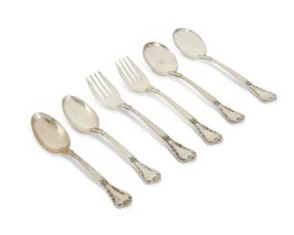 1349
A group of Gorham sterling silver 'Chantilly' spoons and forks
Mid/late 20th century
Each marked for Gorham and for sterling
Comprising 17 teaspoons (5.875"), 8 cream soup spoons (6.25"), and 16 salad forks (6.5")
41 pieces
45.9 oz. troy approximately
Estimate: $200 - $300