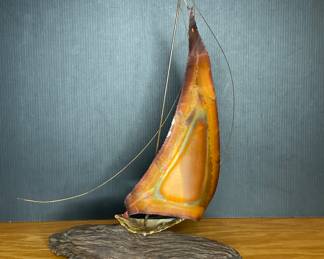 Copper sailboat on wood vtg