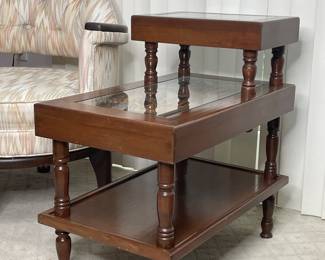 Set of 2 Oriental Carved Wood Glass Side Tables