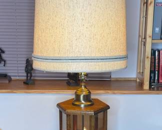 Don Ward lamp wood and brass smoked, etched galss with 3 candle base light