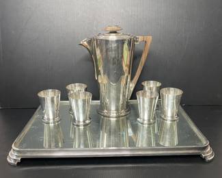 Ile de France Art Deco Meriden International Silver Cocktail Set & mirrored tray vtg