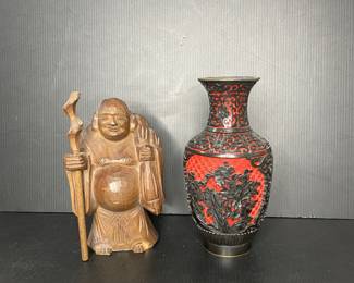 Wood carved Buddha & Cinabar vase vtg 