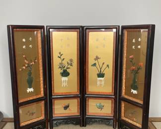 Chinese Floral Jade & Semi Stone Four Panel Tabletop Screen vtg