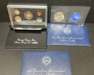 Eisenhower Uncirculated silver dollars and 1993 silver proof set