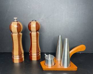 MCM pewter condiment set and wood salt & pepper vtg
