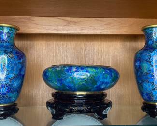 Vintage cloisonné vases & bowl
