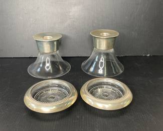 Allan Adler Sterling silver candlesticks & Labem Sterling coasters 