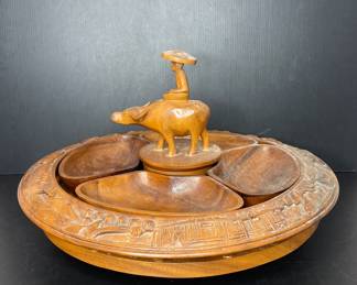 Mabini Handicraft carved wood lazy Susan Vtg 