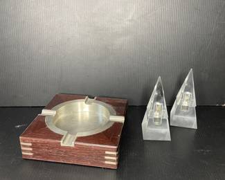 MCM Pewter and wood ashtray and pyramid salt and pepper shakers