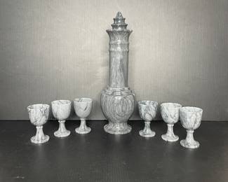 Vintage marble liquor cordial decanter and goblet set