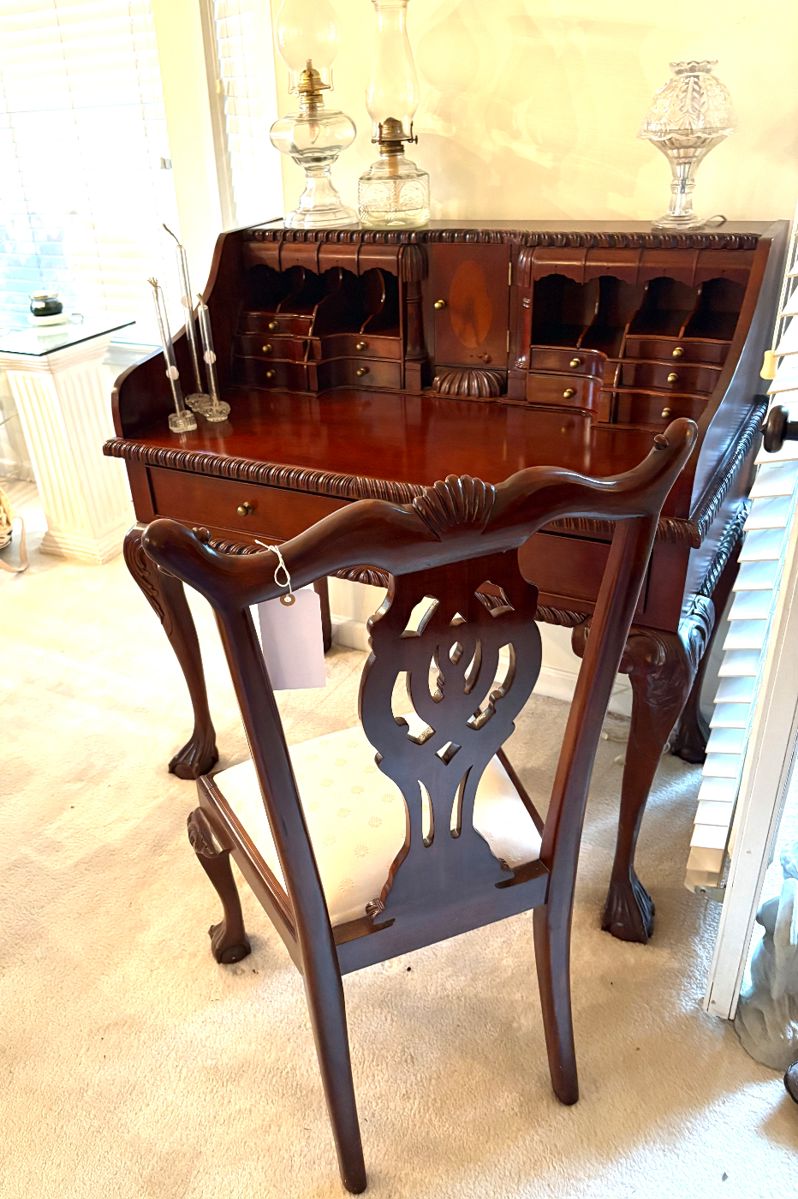 Chippendale style escritoire secretary desk with chair