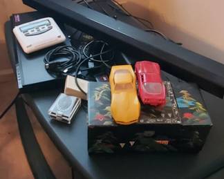 Sound bar, jewelry box, TV stand and vintage toy cars