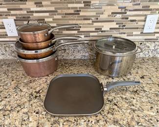 Copper pots and pans with lids, griddle pan, deep soup pot