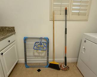 Clothing drying rack, broom, mop