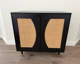Black and wicker TV console table, 31" l x 16" w x 31" h