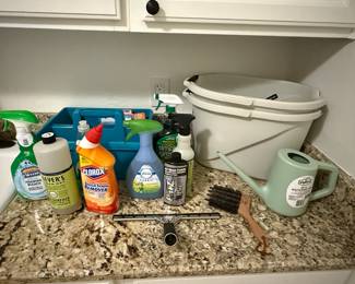 Cleaning products, bucket, watering can