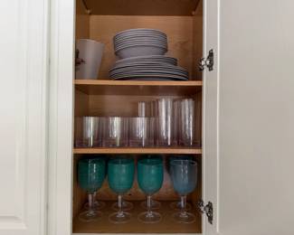 Plastic outdoor dinnerware: bowls, side plates, dinner plates, high ball, low ball, wine tumblers