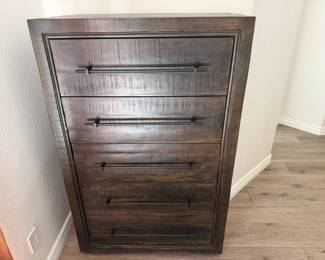 Pottery Barn dark wood chest of five (5) drawers, 36" l x 20" w x 56" h