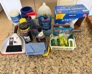 Cleaning products including a dustpan and trash bags