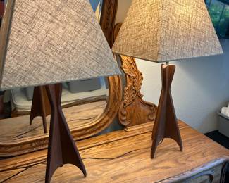Sculptural mid century table lamps by Madeline.  New lampshades.  