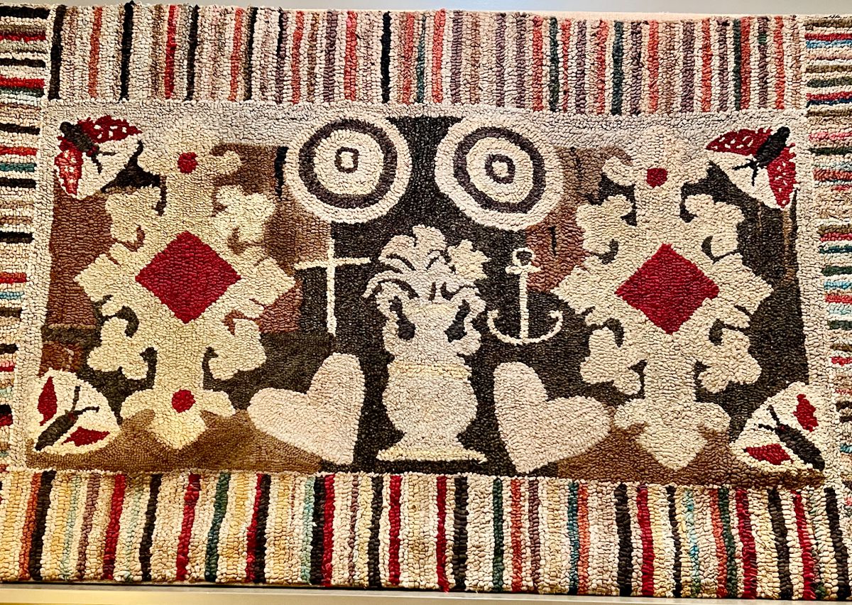 OUTSTANDING ANTIQUE HOOKED RUG WITH 4 BUTTERFLIES, ANCHORS, HEARTS, AND CROSS!